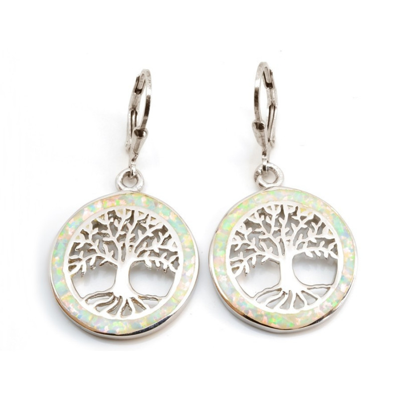 Stříbrné náušnice strom života, světlý opál